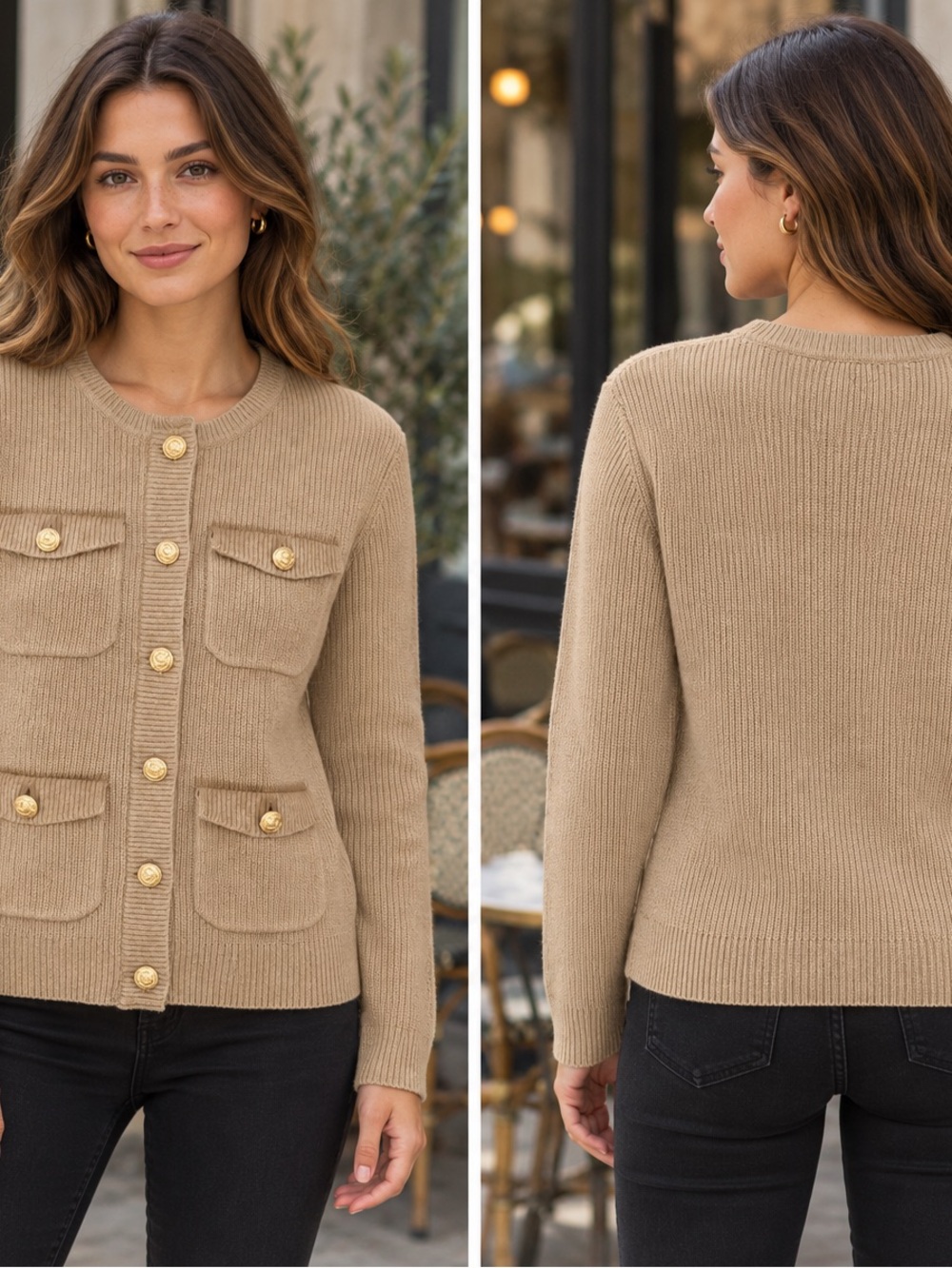 Golbary Women's Camel Button-Front Pocket Cardigan with Gold Buttons
